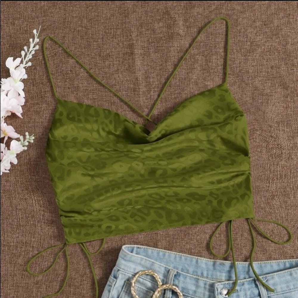 Leopard Jacquard Drawstring Side Crisscross
Crop Cami Top